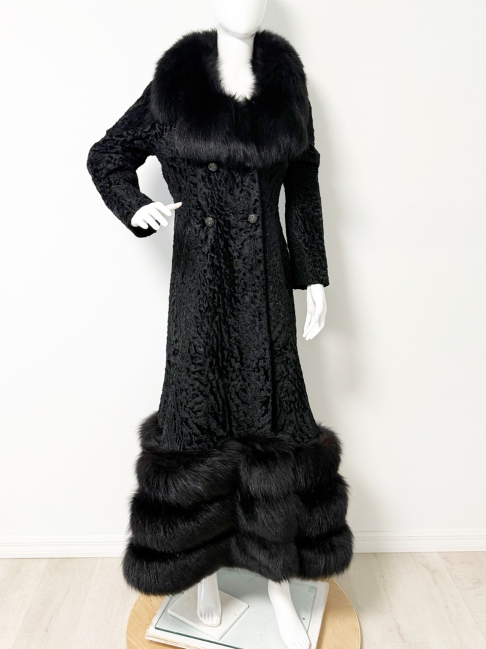 Luxurious Black Long Fur-Trimmed Coat, Persian Lamb, zip off fur